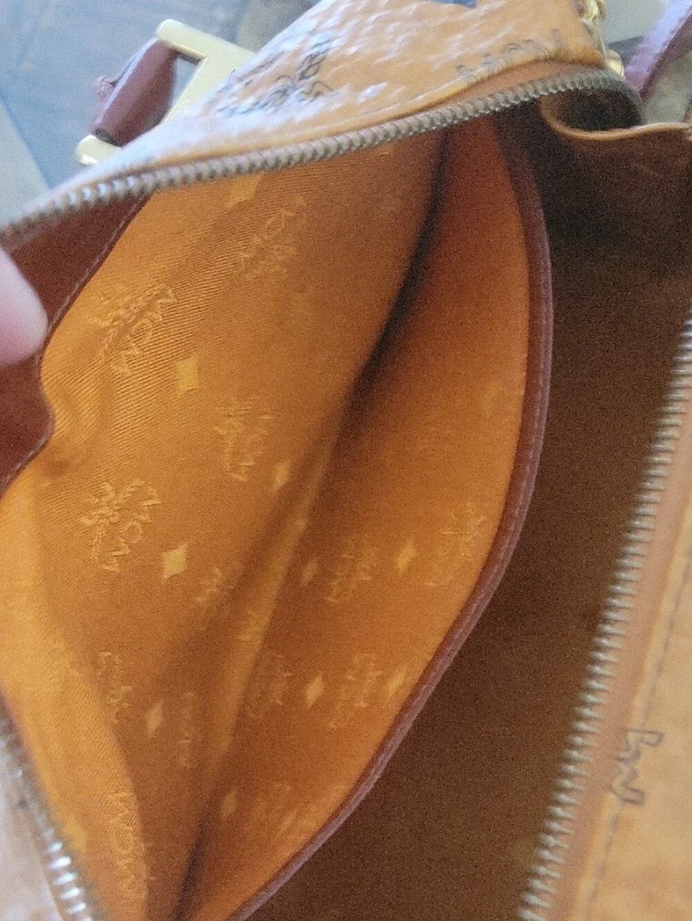 MCM Cognac Visetos Boston Satchel with Brown Accents
